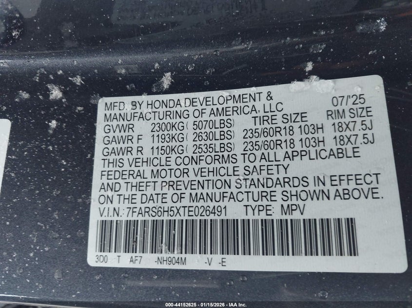 VIN 7FARS6H5XTE026491 2026 HONDA CR-V HYBRID AWD SPORT