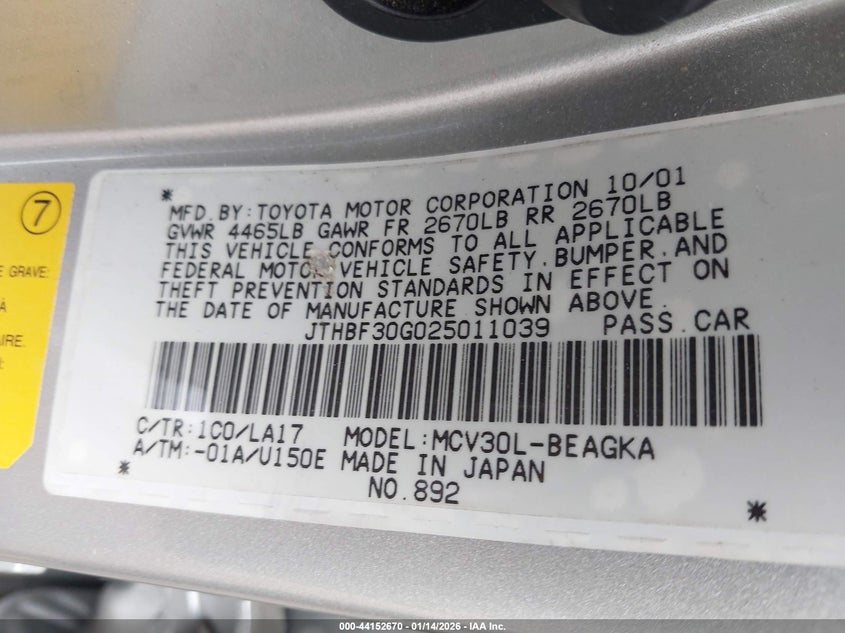 2002 Lexus Es 300 VIN: JTHBF30G025011039 Lot: 44152670