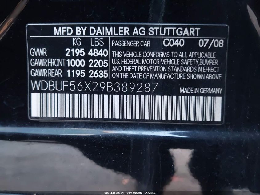 2009 Mercedes-Benz E 350 VIN: WDBUF56X29B389287 Lot: 44152851