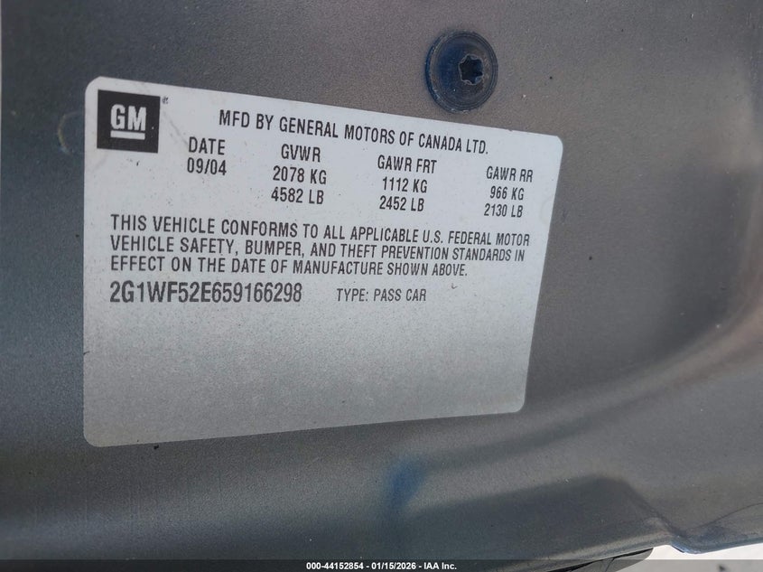 2005 Chevrolet Impala VIN: 2G1WF52E659166298 Lot: 44152854