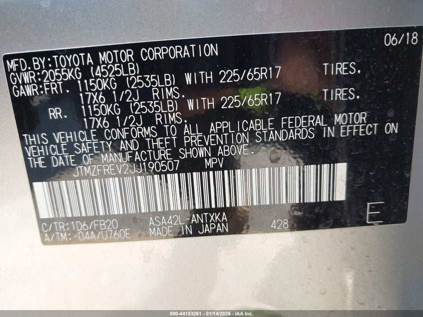VIN JTMZFREV2JJ190507 2018 TOYOTA RAV4 LE