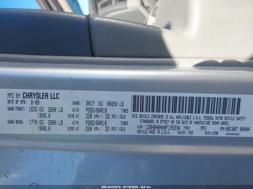 2008 Dodge Durango Slt VIN: 1D8HB48NX8F155234 Lot: 44153415