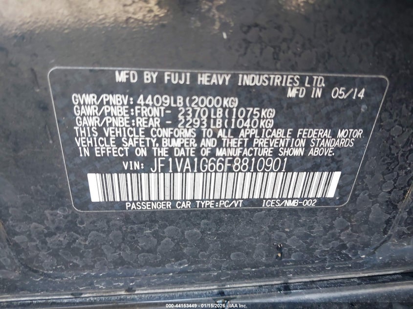 2015 SUBARU WRX SEDAN 2.0L H-4 DI, DOHC, VVT, TURBO, 268HP
