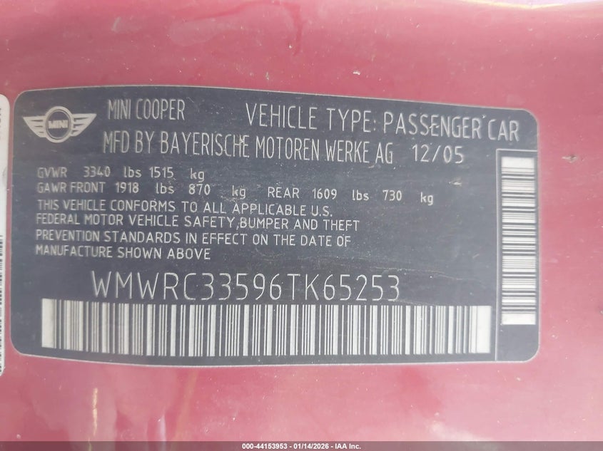 2006 Mini Cooper VIN: WMWRC33596TK65253 Lot: 44153953