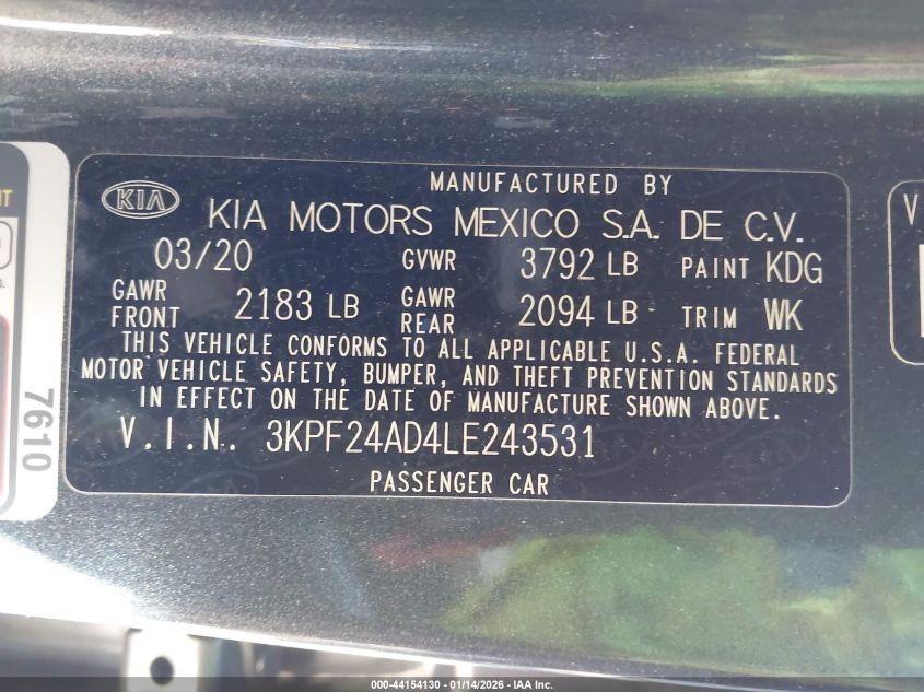 2020 Kia Forte Lxs VIN: 3KPF24AD4LE243531 Lot: 44154130