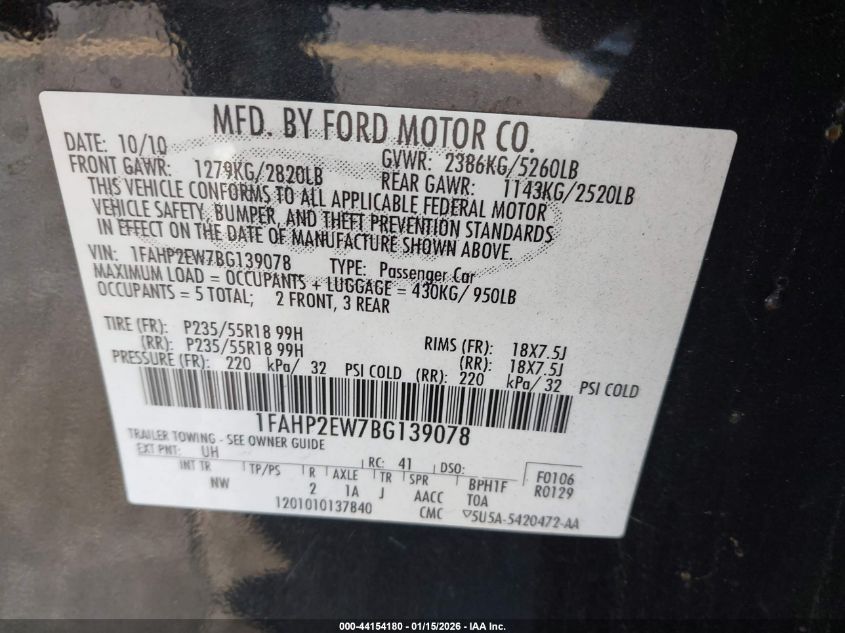2011 Ford Taurus Sel VIN: 1FAHP2EW7BG139078 Lot: 44154180