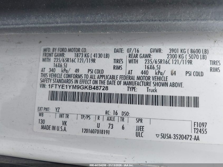 2016 Ford Transit-150 VIN: 1FTYE1YM9GKB48728 Lot: 44154258