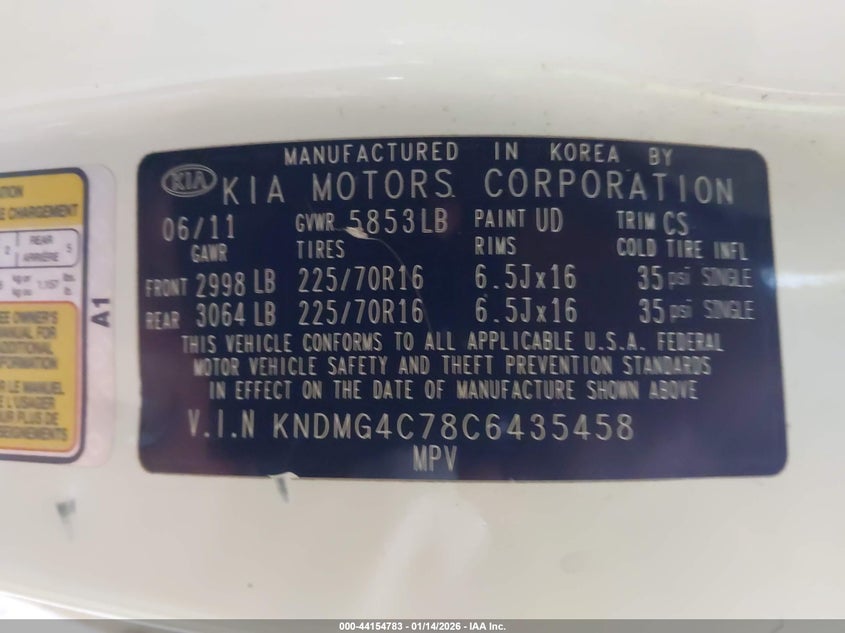 2012 Kia Sedona Lx VIN: KNDMG4C78C6435458 Lot: 44154783