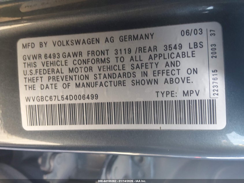2004 Volkswagen Touareg V6 VIN: WVGBC67L54D006499 Lot: 44155362