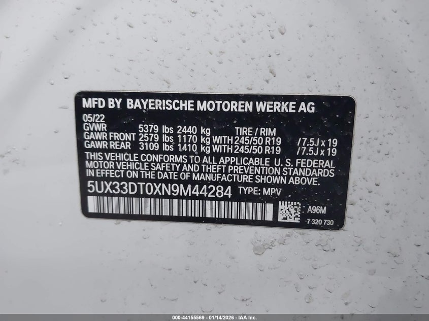 2022 BMW X4 xDrive30I VIN: 5UX33DT0XN9M44284 Lot: 44155569