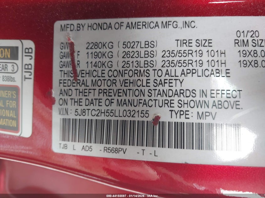 2020 Acura Rdx Technology Package VIN: 5J8TC2H55LL032155 Lot: 44155597