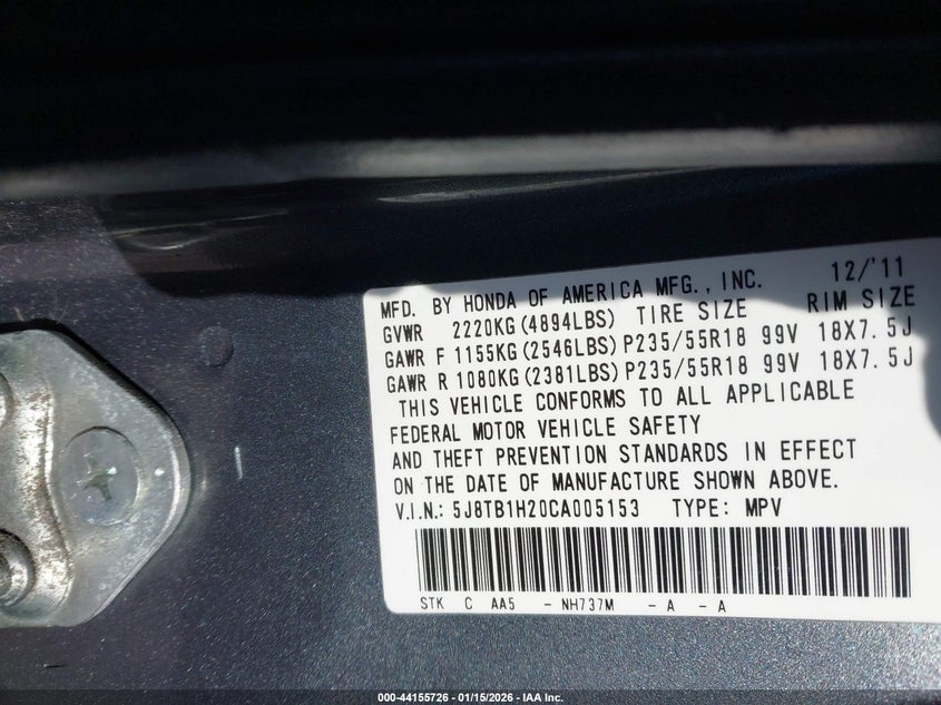 2012 Acura Rdx VIN: 5J8TB1H20CA005153 Lot: 44155726