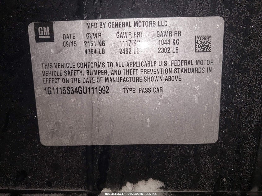 2016 Chevrolet Impala 2Lt VIN: 1G1115S34GU111992 Lot: 44155747