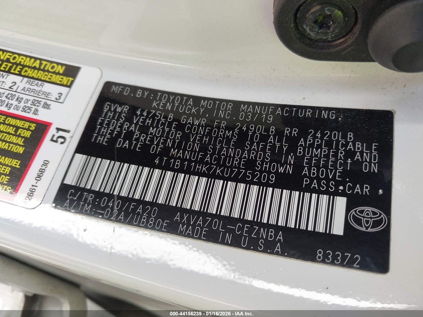 2019 Toyota Camry Le VIN: 4T1B11HK7KU775209 Lot: 44156239