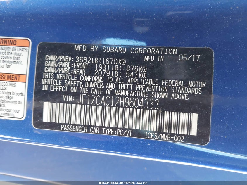 2017 Subaru Brz Limited VIN: JF1ZCAC12H9604333 Lot: 44156404