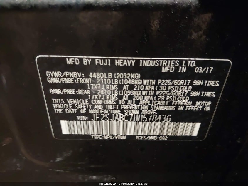 2017 Subaru Forester 2.5I VIN: JF2SJABC7HH578436 Lot: 44156416