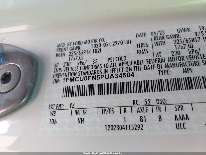 2023 FORD ESCAPE 1.5L I-3 DI, DOHC, V(VIN: 1FMCU0FN5PUA34504