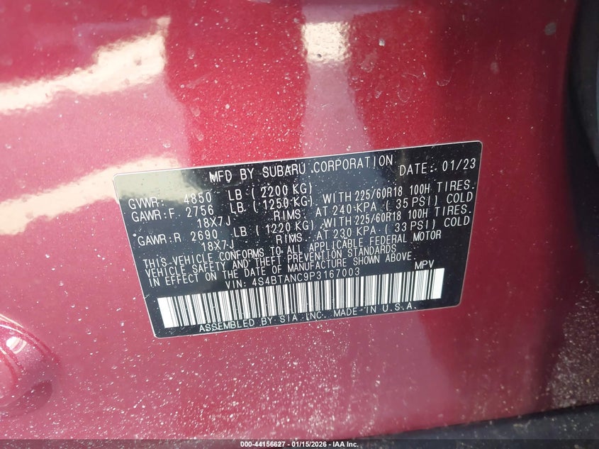 VIN 4S4BTANC9P3167003 2023 SUBARU OUTBACK LIMITED