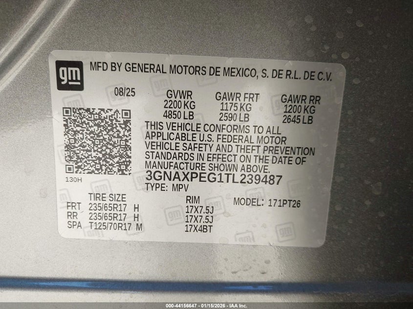 2026 CHEVROLET EQUINOX 1.5L I-4 DI, DOHC, V(VIN: 3GNAXPEG1TL239487
