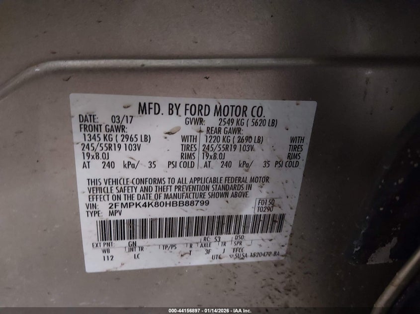 VIN 2FMPK4K80HBB88799 2017 FORD EDGE TITANIUM