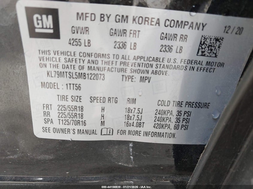 VIN KL79MTSL5MB122073 2021 CHEVROLET TRAILBLAZER FWD RS
