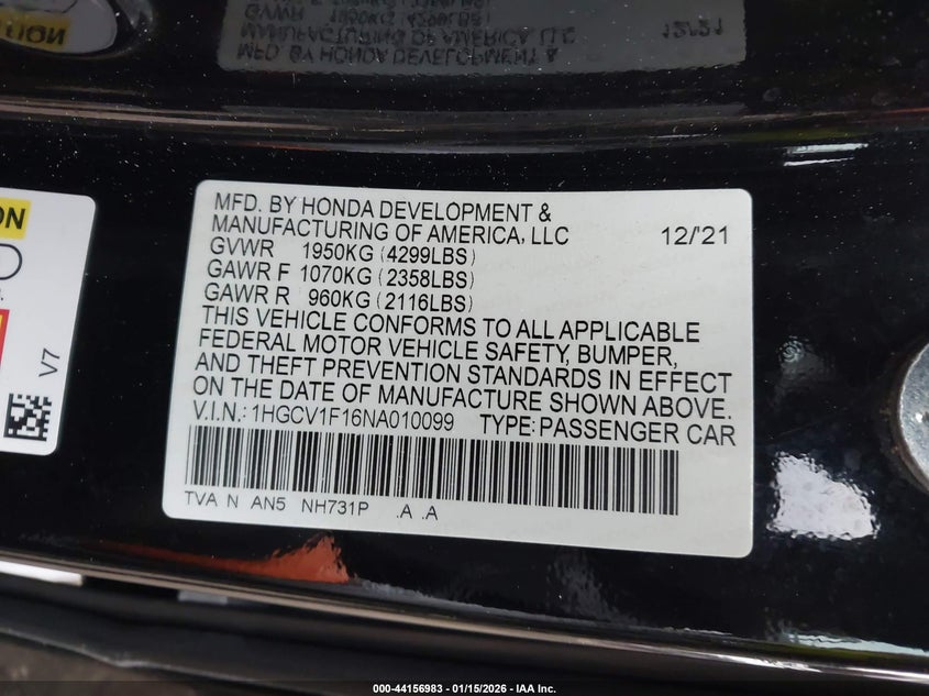 2022 HONDA ACCORD 1.5L I-4 DI, DOHC, V(VIN: 1HGCV1F16NA010099