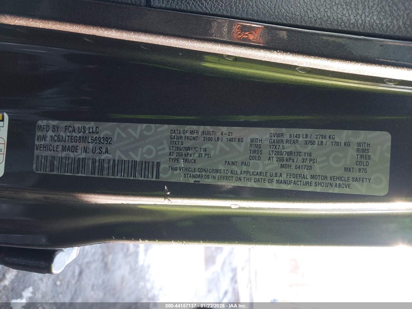 2021 Jeep Gladiator Mojave 4X4 VIN: 1C6JJTEG8ML569392 Lot: 44157137