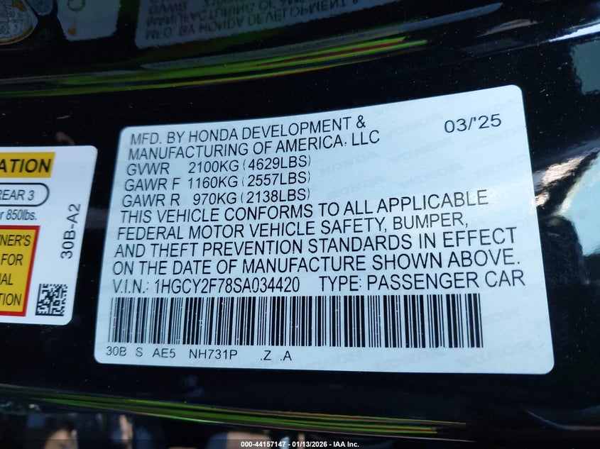 2025 HONDA ACCORD HYBRID 2.0L I-4 DI, DOHC, V(VIN: 1HGCY2F78SA034420