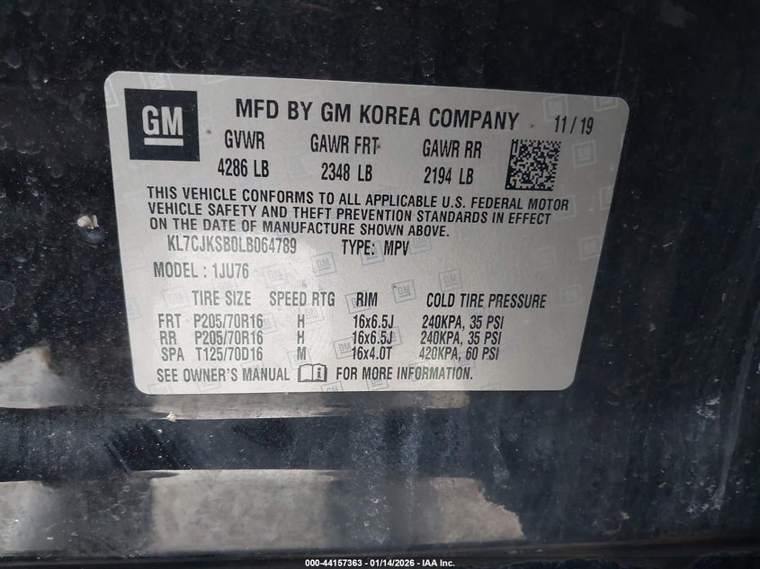 VIN KL7CJKSB0LB064789 2020 CHEVROLET TRAX FWD LS