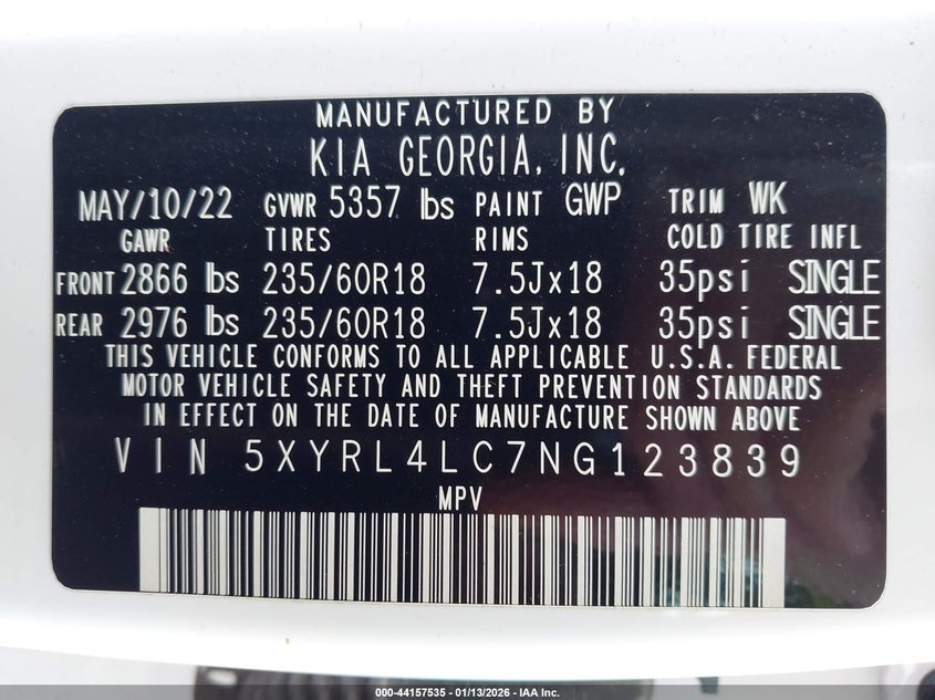 2022 KIA SORENTO 2.5L I-4 DI, DOHC, V(VIN: 5XYRL4LC7NG123839
