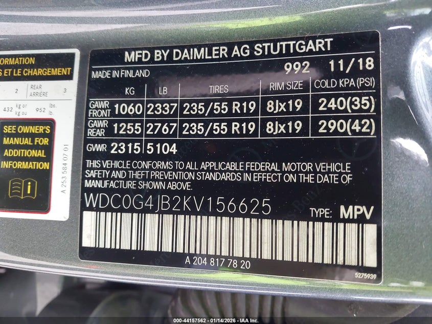 2019 Mercedes-Benz Glc 300 VIN: WDC0G4JB2KV156625 Lot: 44157562