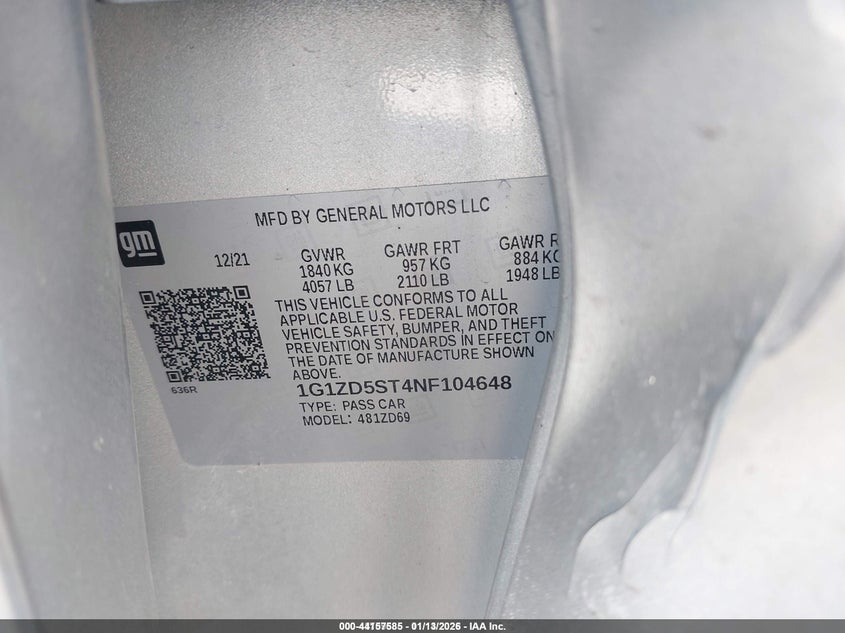 VIN 1G1ZD5ST4NF104648 2022 CHEVROLET MALIBU FWD LT