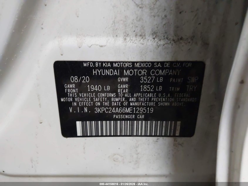 VIN 3KPC24A66ME129519 2021 HYUNDAI ACCENT SE