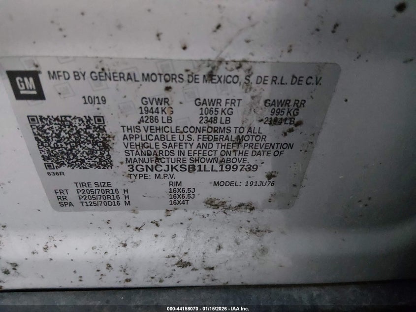 VIN 3GNCJKSB1LL199739 2020 CHEVROLET TRAX FWD LS