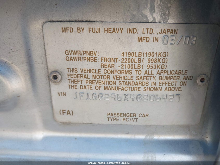 2004 Subaru Impreza Wrx VIN: JF1GG296X4G806427 Lot: 44158098