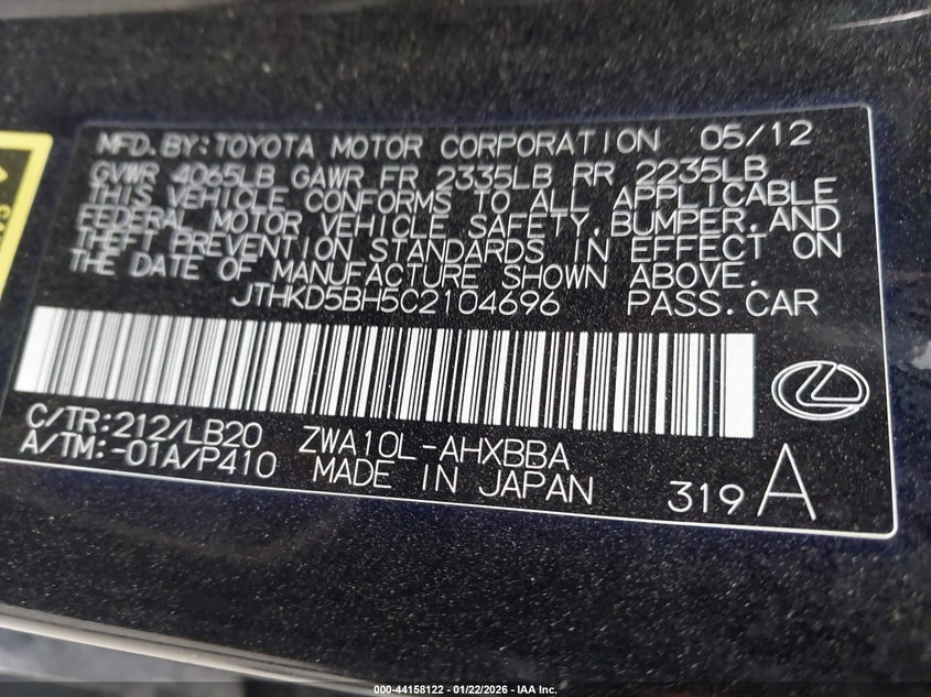 2012 Lexus Ct 1.8 Ct 200H Premium black Lot 111044158122 Vin JTHKD5BH5C2104696