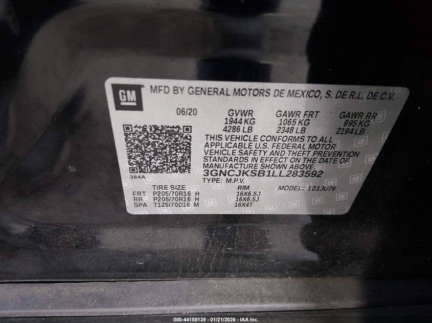 VIN 3GNCJKSB1LL283592 2020 CHEVROLET TRAX FWD LS