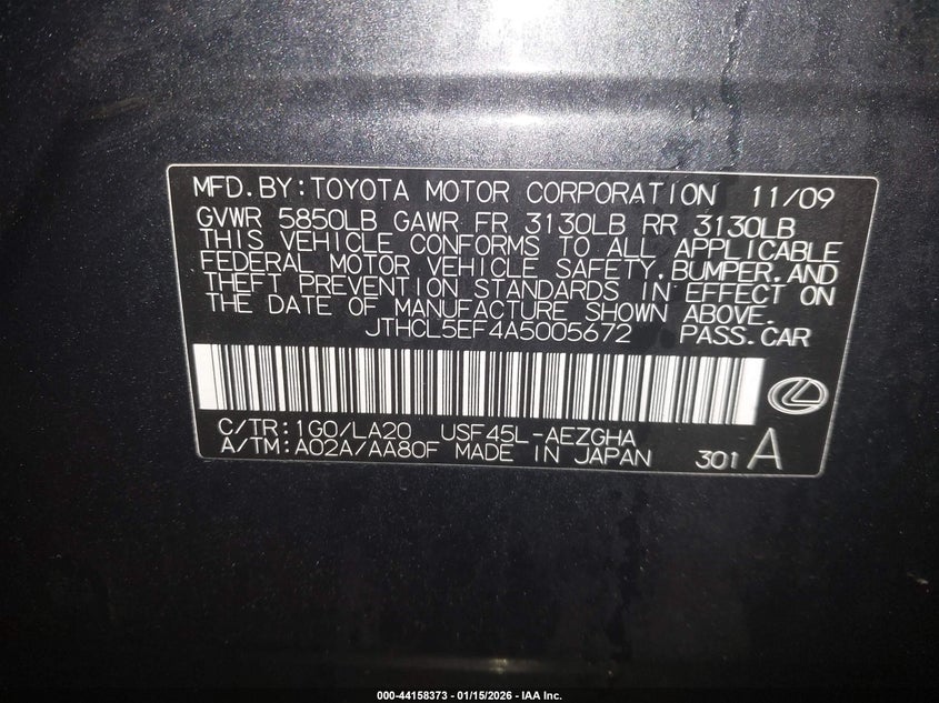 2010 Lexus Ls 460 VIN: JTHCL5EF4A5005672 Lot: 44158373