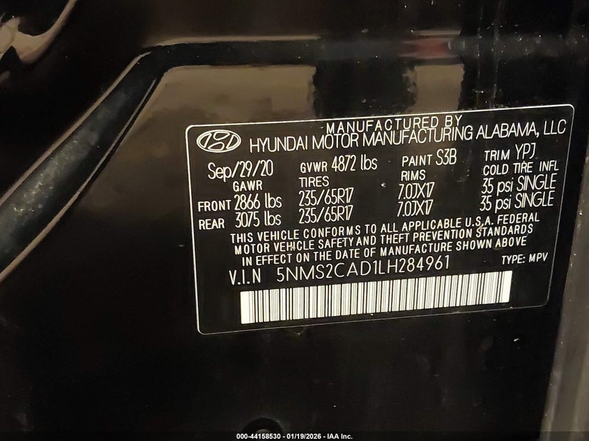 VIN 5NMS2CAD1LH284961 2020 HYUNDAI SANTA FE SE