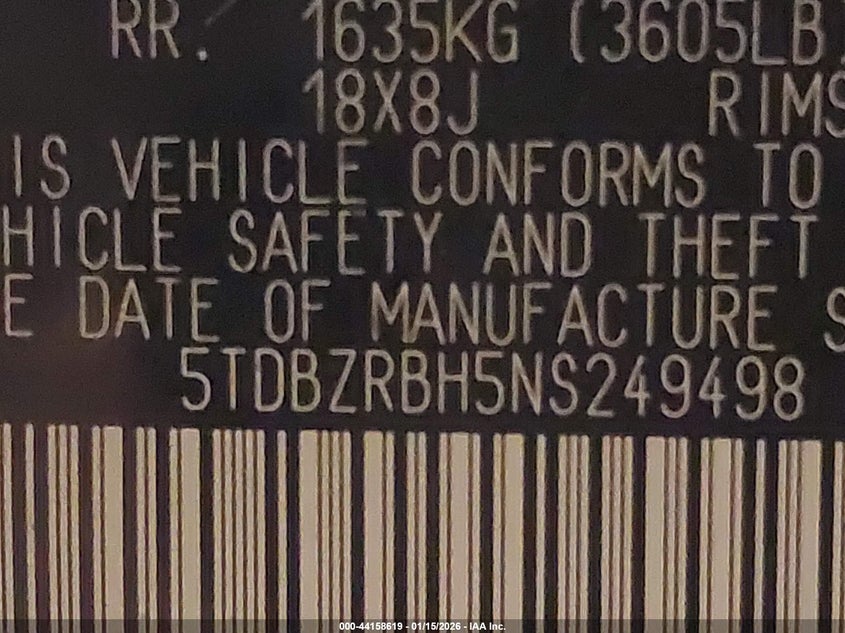 2022 Toyota Highlander Le VIN: 5TDBZRBH5NS249498 Lot: 44158619