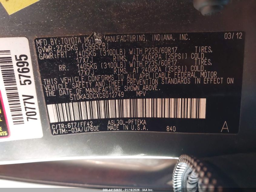 2012 Toyota Sienna Base 7 Passenger VIN: 5TDKA3DCXCS012749 Lot: 44158650