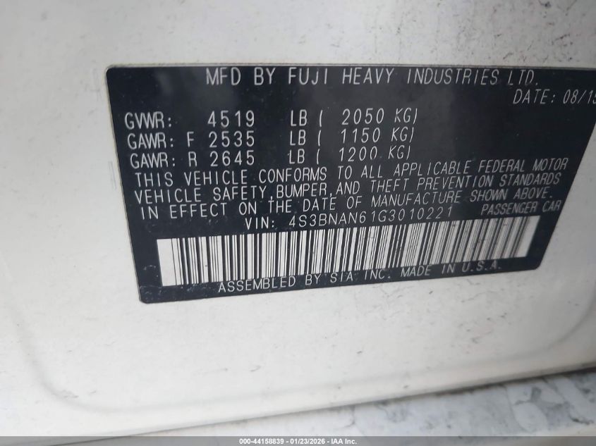 2016 Subaru Legacy 2.5I Limited VIN: 4S3BNAN61G3010221 Lot: 44158839