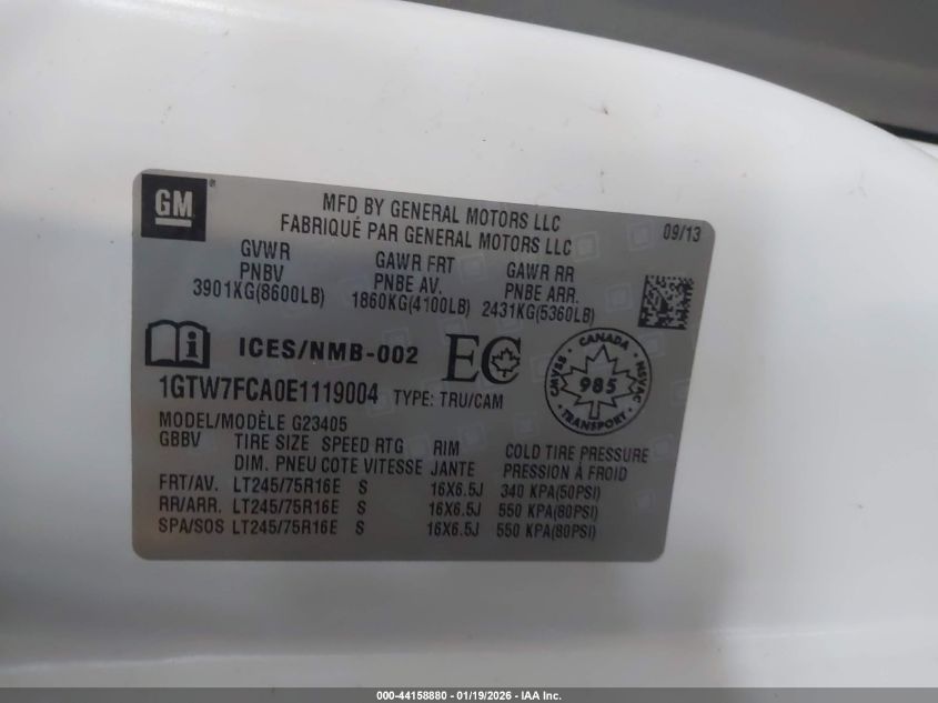 2014 GMC Savana 2500 Work Van VIN: 1GTW7FCA0E1119004 Lot: 44158880