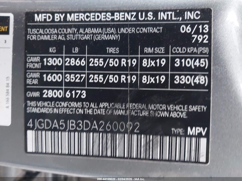 2013 Mercedes-Benz Ml 350 VIN: 4JGDA5JB3DA260092 Lot: 44159020