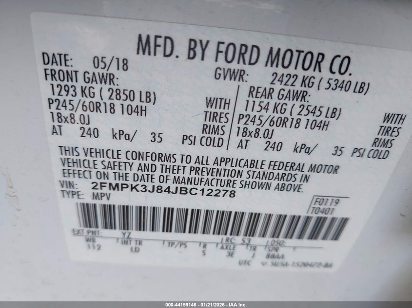 VIN 2FMPK3J84JBC12278 2018 FORD EDGE SEL