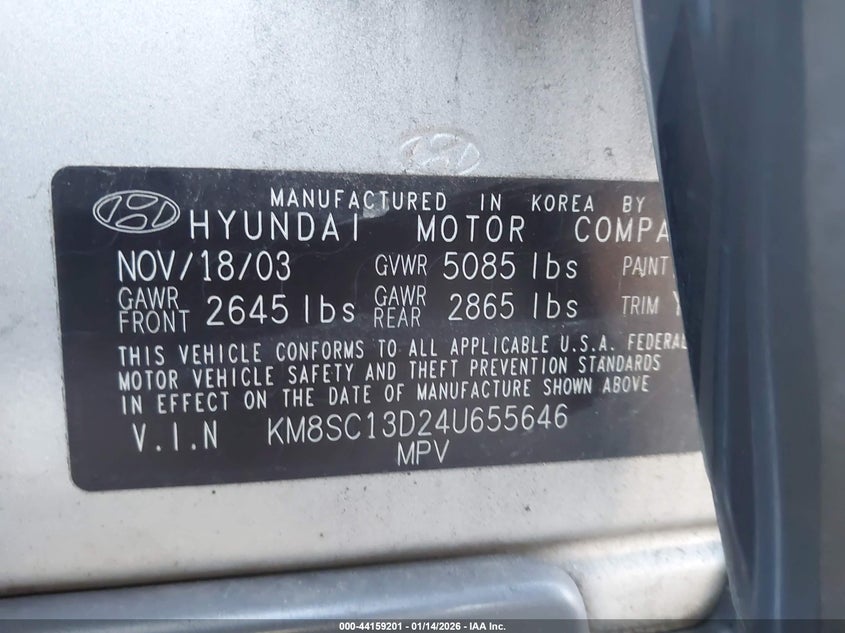 2004 Hyundai Santa Fe Gls VIN: KM8SC13D24U655646 Lot: 44159201