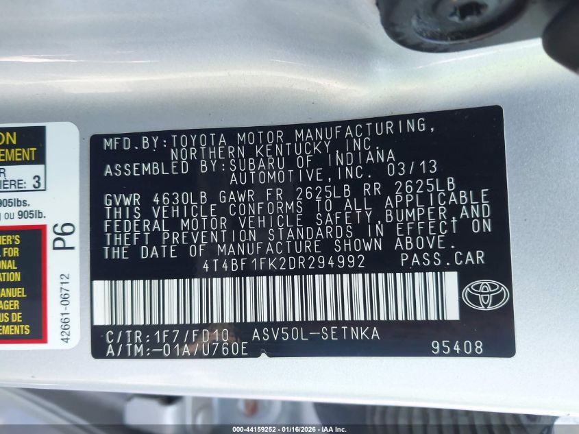 2013 Toyota Camry Le VIN: 4T4BF1FK2DR294992 Lot: 44159252