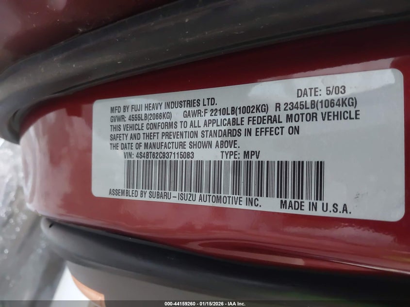 2003 Subaru Baja Sport VIN: 4S4BT62C937115083 Lot: 44159260