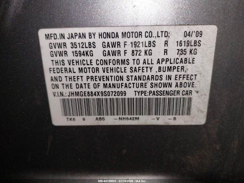 2009 Honda Fit Sport VIN: JHMGE884X9S072099 Lot: 44159553