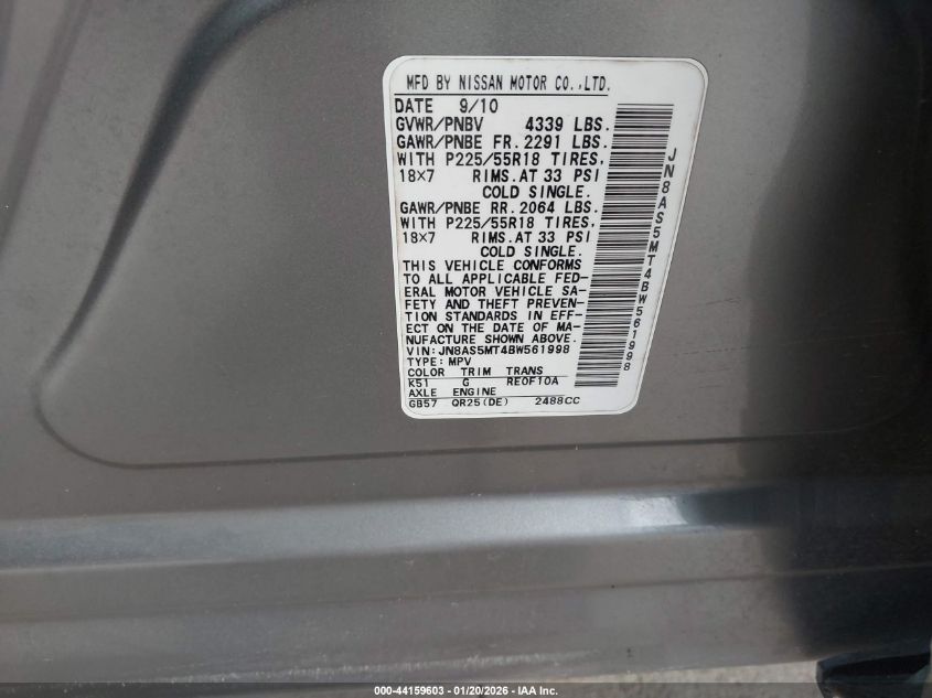 2011 Nissan Rogue Sv VIN: JN8AS5MT4BW561998 Lot: 44159603